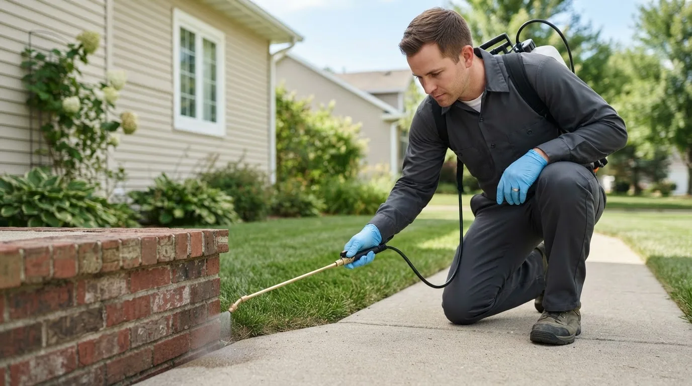 Pest control technician treating a home near Almont, ND