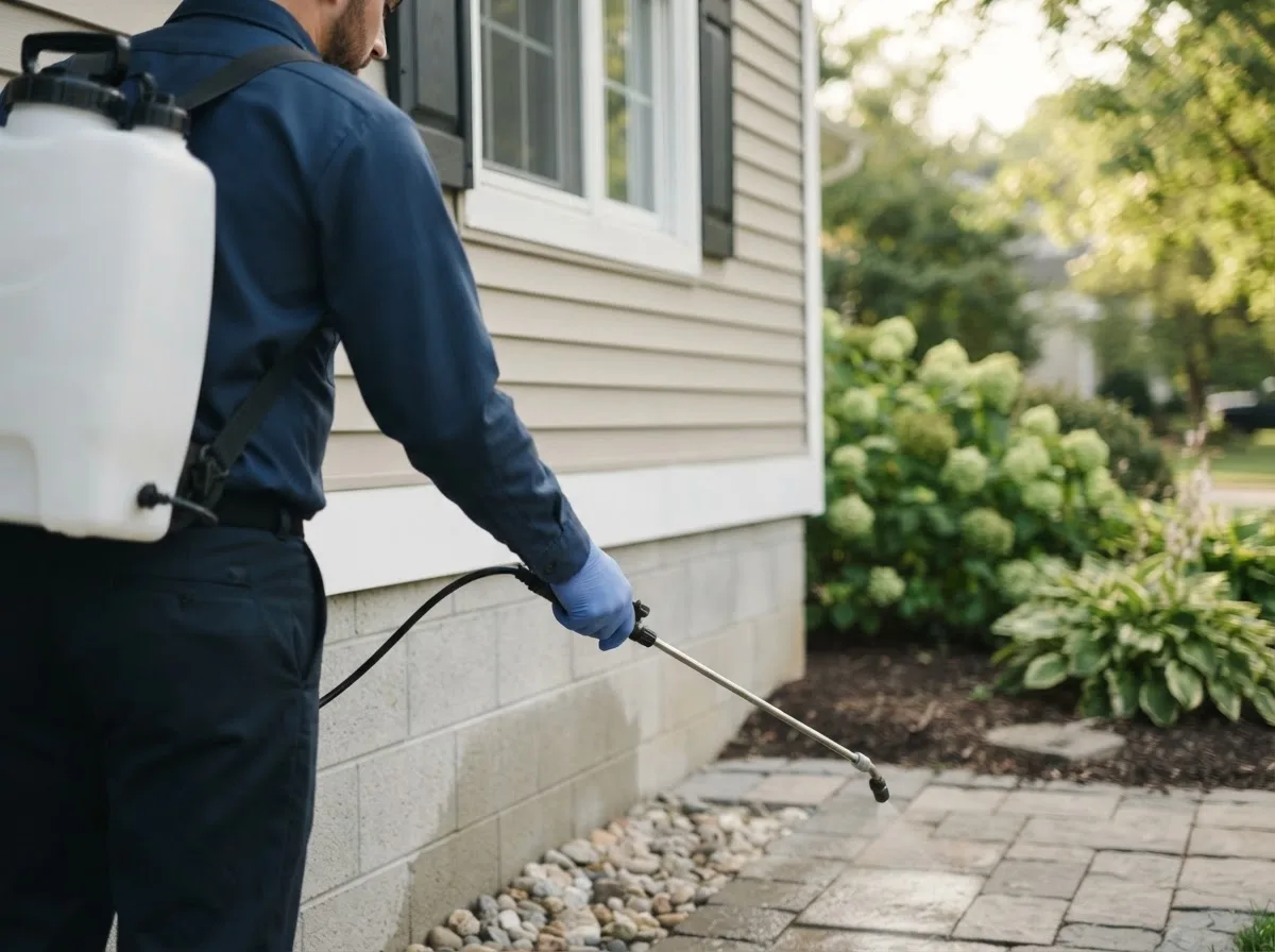 Pest control technician inspecting a home in Almont, ND